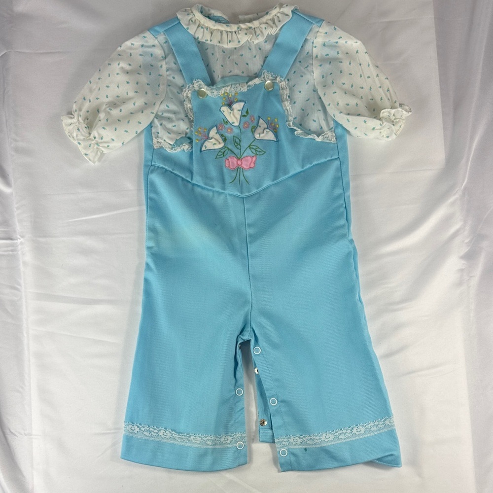 Vintage 1970’s Cradle Togs Blue Overalls with Floral Design